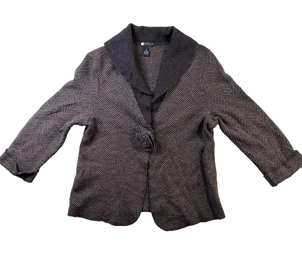 Carole Little XL 100% Wool Herringbone Cardigan Jacket Rosette Y2K